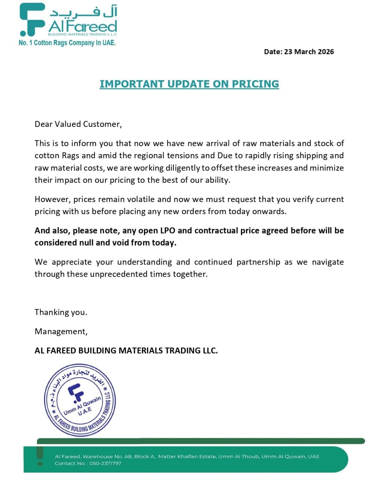Important Update on Pricing: Notice to Our Valued Customers